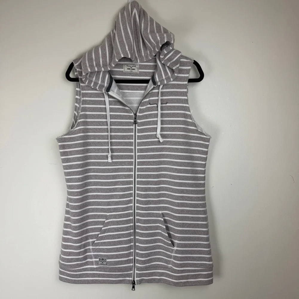 KIMES RANCH Striped Hooded Sleeveless Sweatshirt Taupe White Vest Western Large